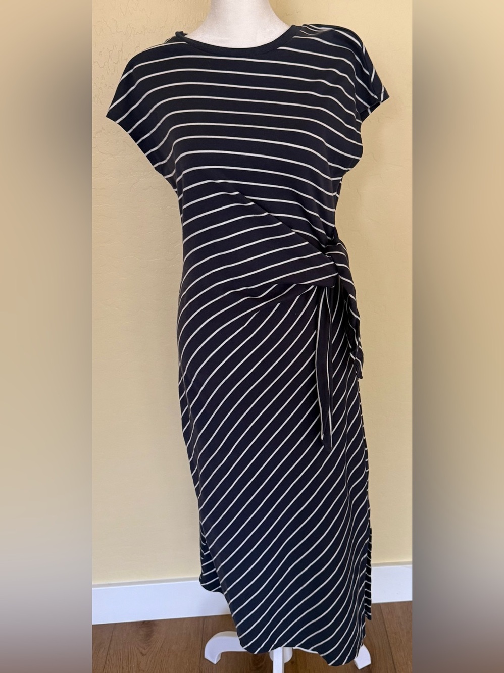 HAVEN Well Within Navy & White Striped Midi Dress Side Tie Knot Nautical Casual